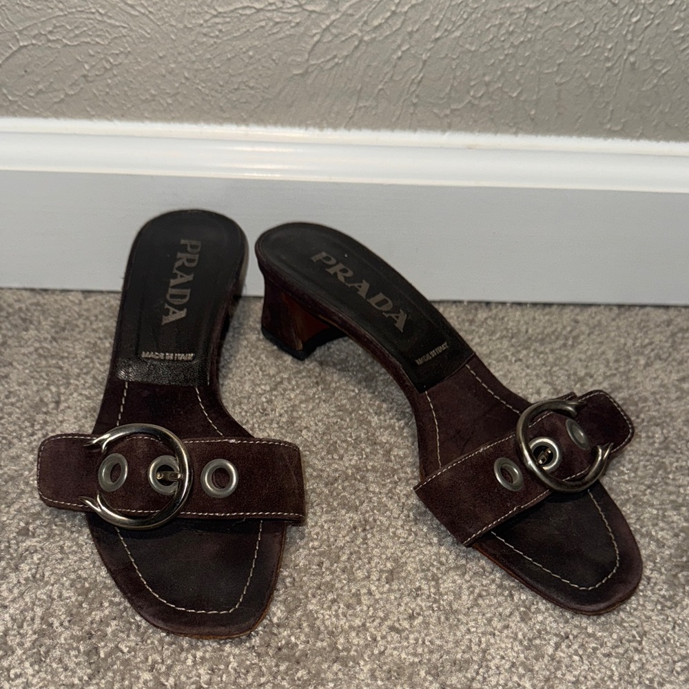Prada Women's Dark Brown Sandal Mules with Silver Accents